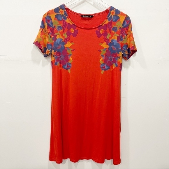 Desigual Short Sleeve Floral Swing Sheath Dress Orange Medium - Picture 1 of 6